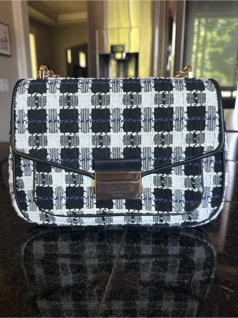 kate spade Black and White Check Tweed Tweed Shoulder Bag with Gold Hardware